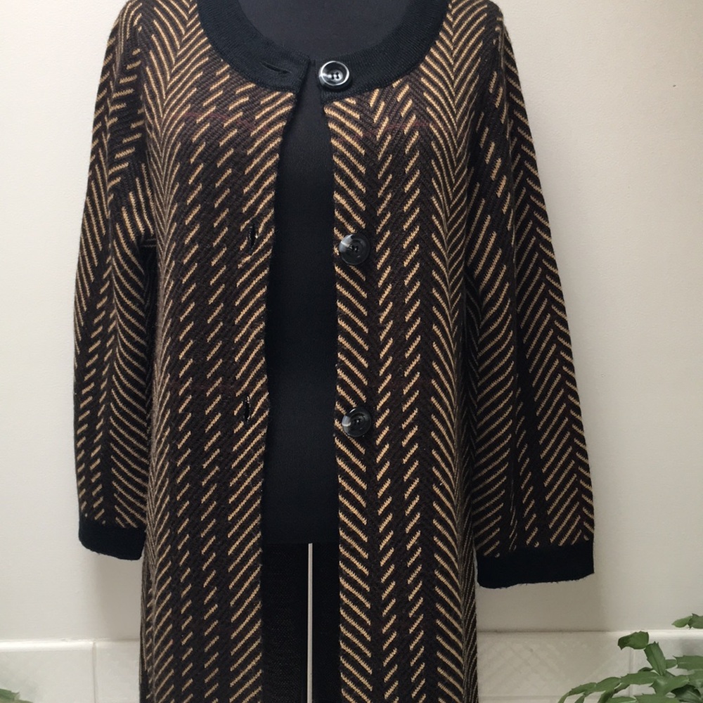 Raefella size M medium sweater cardigan black tan Vintage wool herringbone